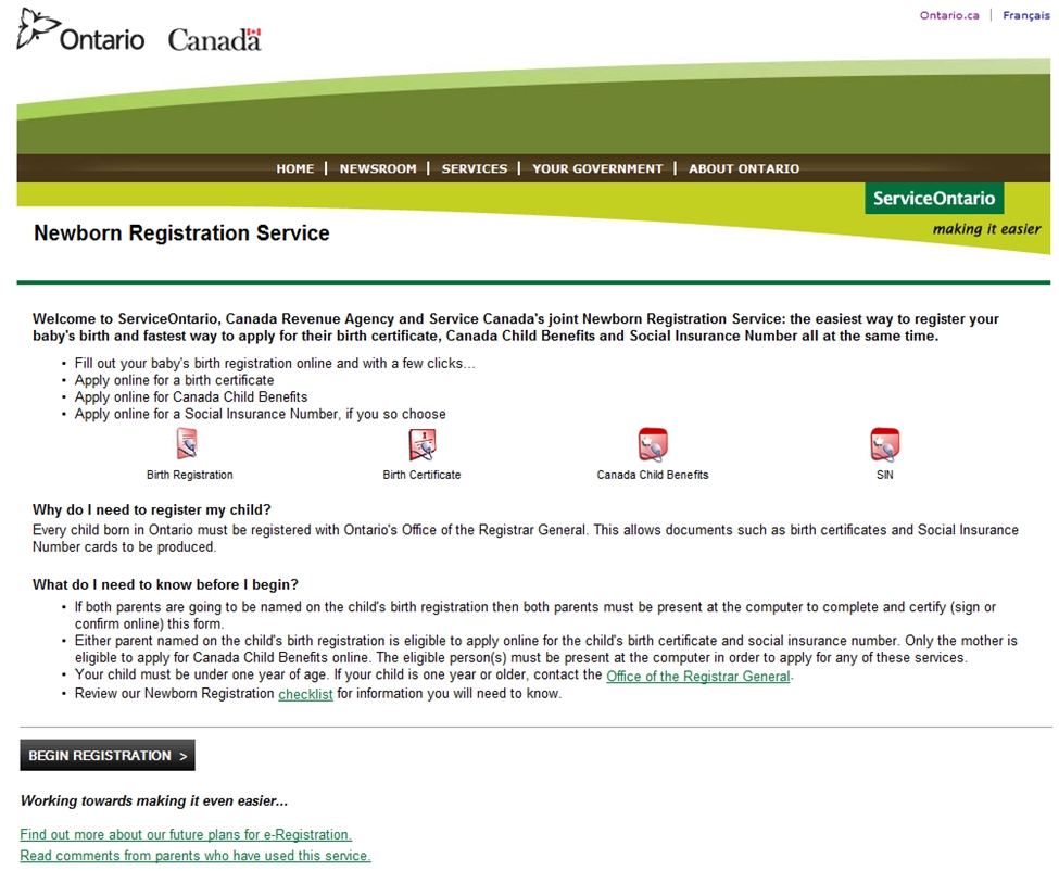 Ontario Newborn Registration Service