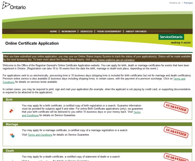 Ontario Online Certificate Application