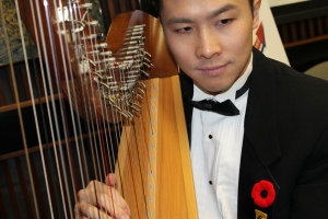 Harp and strings close up of Justin playing